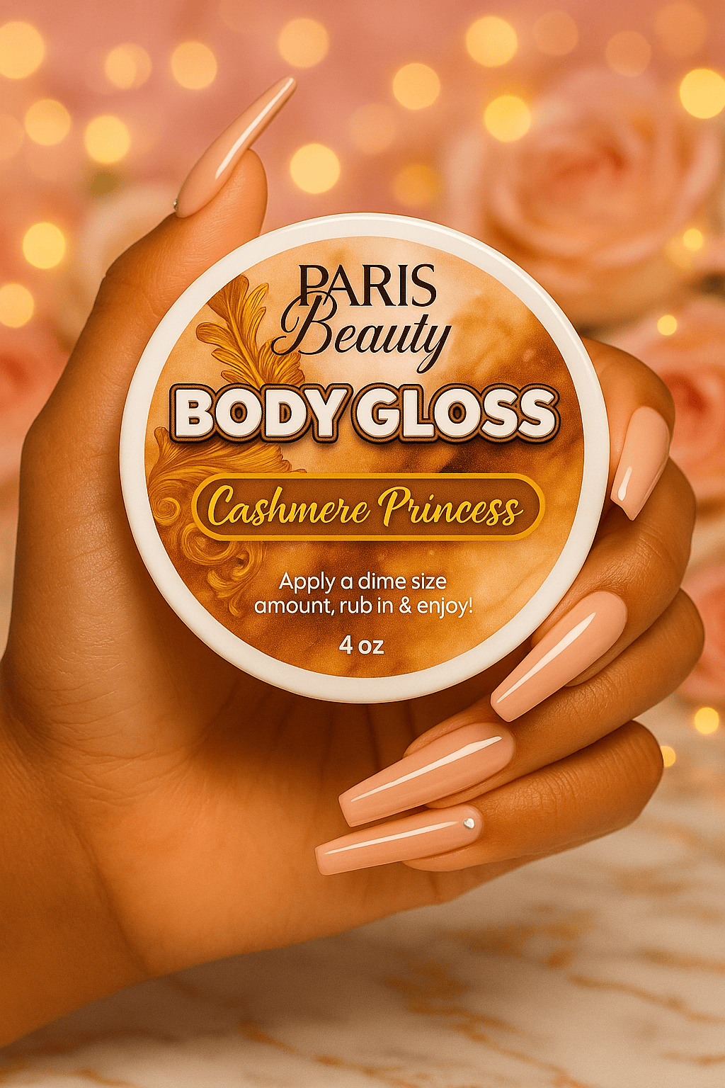 Shimmering body gloss in Cashmere Princess shade by Paris House of Beauty, featuring smooth, luminous skin-enhancing formula.
