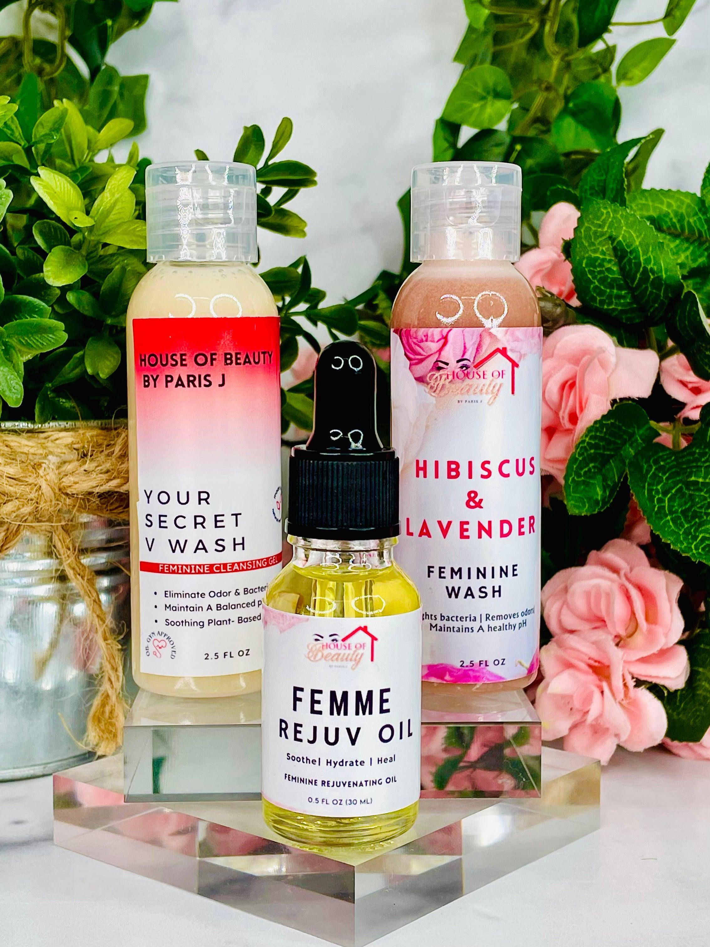 Paris House Of Beauty yoni wash and yoni oil wellness bundle with natural ingredients, ideal for intimate hygiene and care.