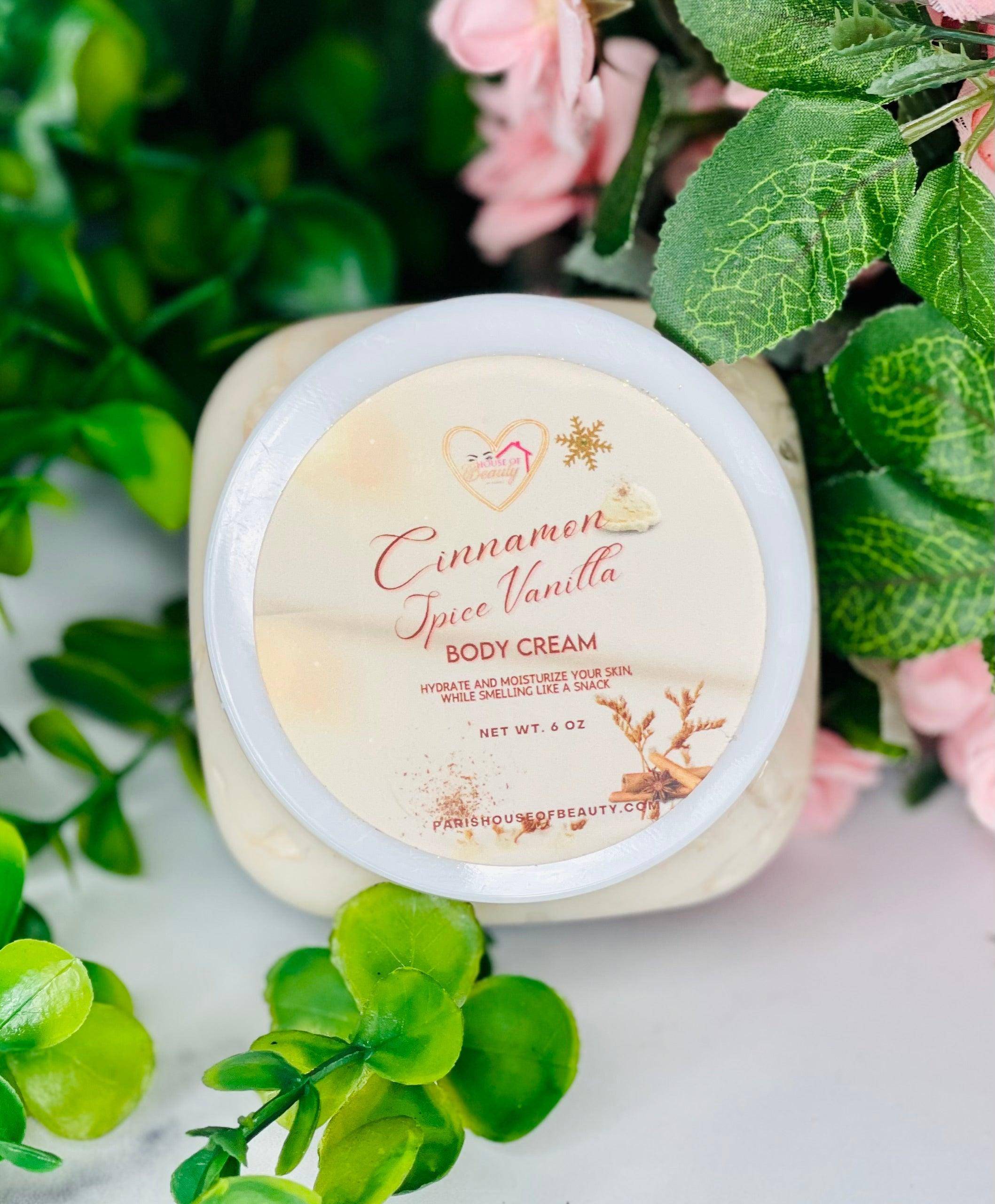 Paris House Of Beauty Cinnamon Spice Vanilla Body Butter, creamy texture with cinnamon and vanilla scent, in a jar.