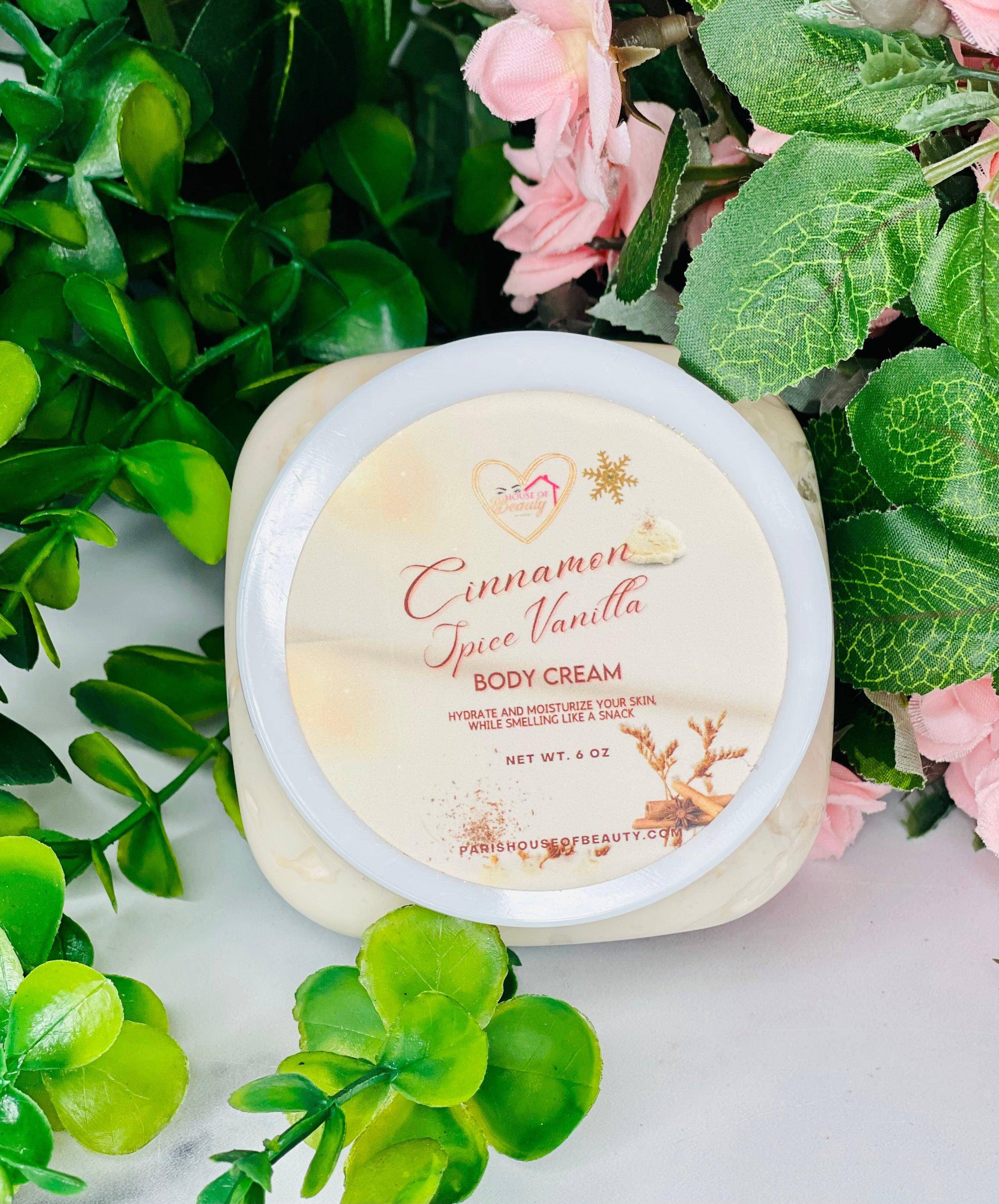 Creamy Cinnamon Spice Vanilla Body Butter by Paris House of Beauty in a jar with a warm, inviting scent and smooth texture.