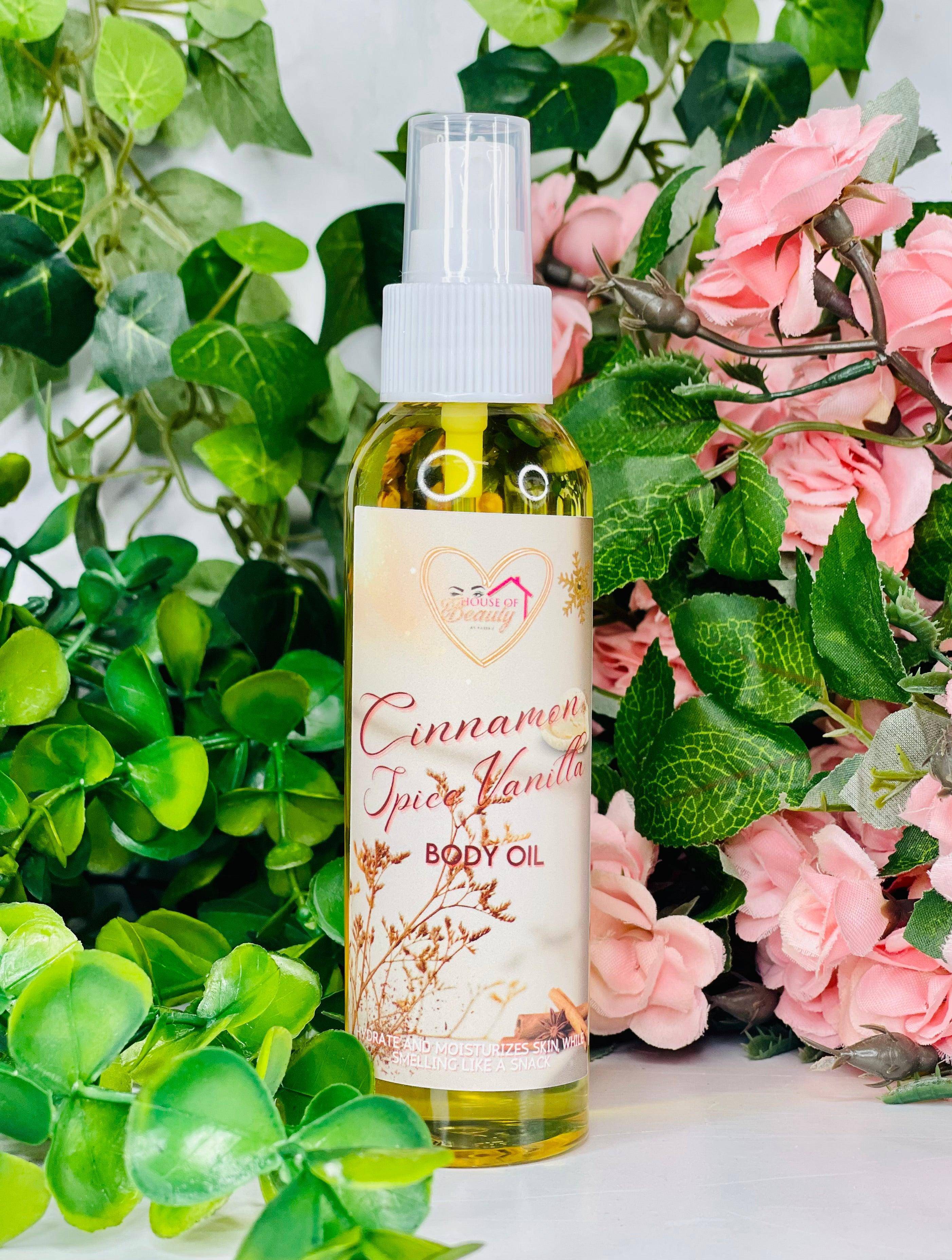 Paris House Of Beauty Cinnamon Spice Vanilla Body Oil bottle with warm, rich cinnamon and vanilla scent for nourishing skin.