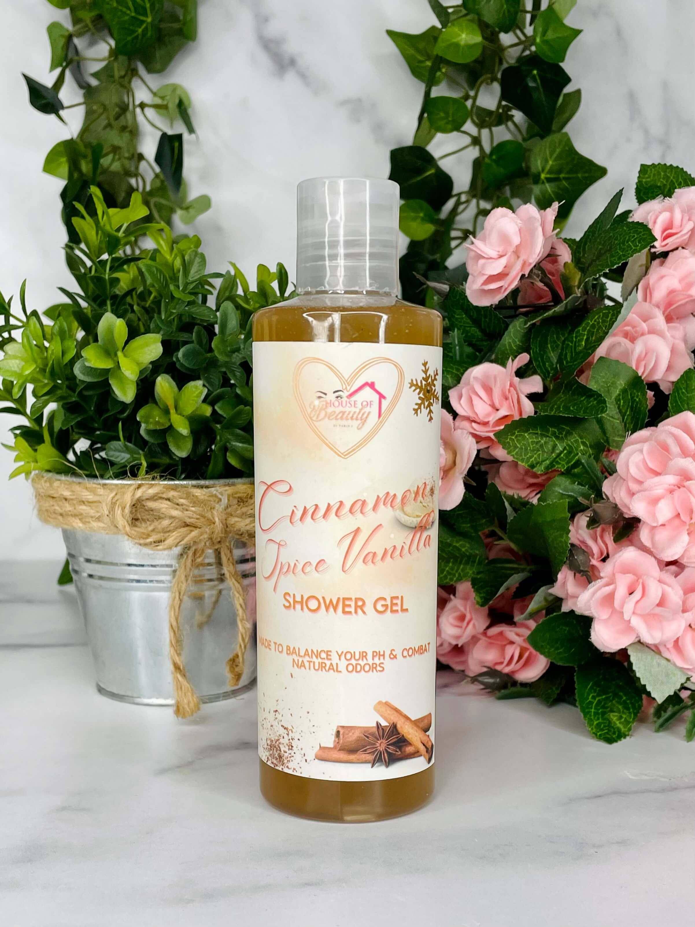 Cinnamon Spice Vanilla shower gel by Paris House Of Beauty, showing a sleek bottle of body wash with warm, spicy vanilla scent.
