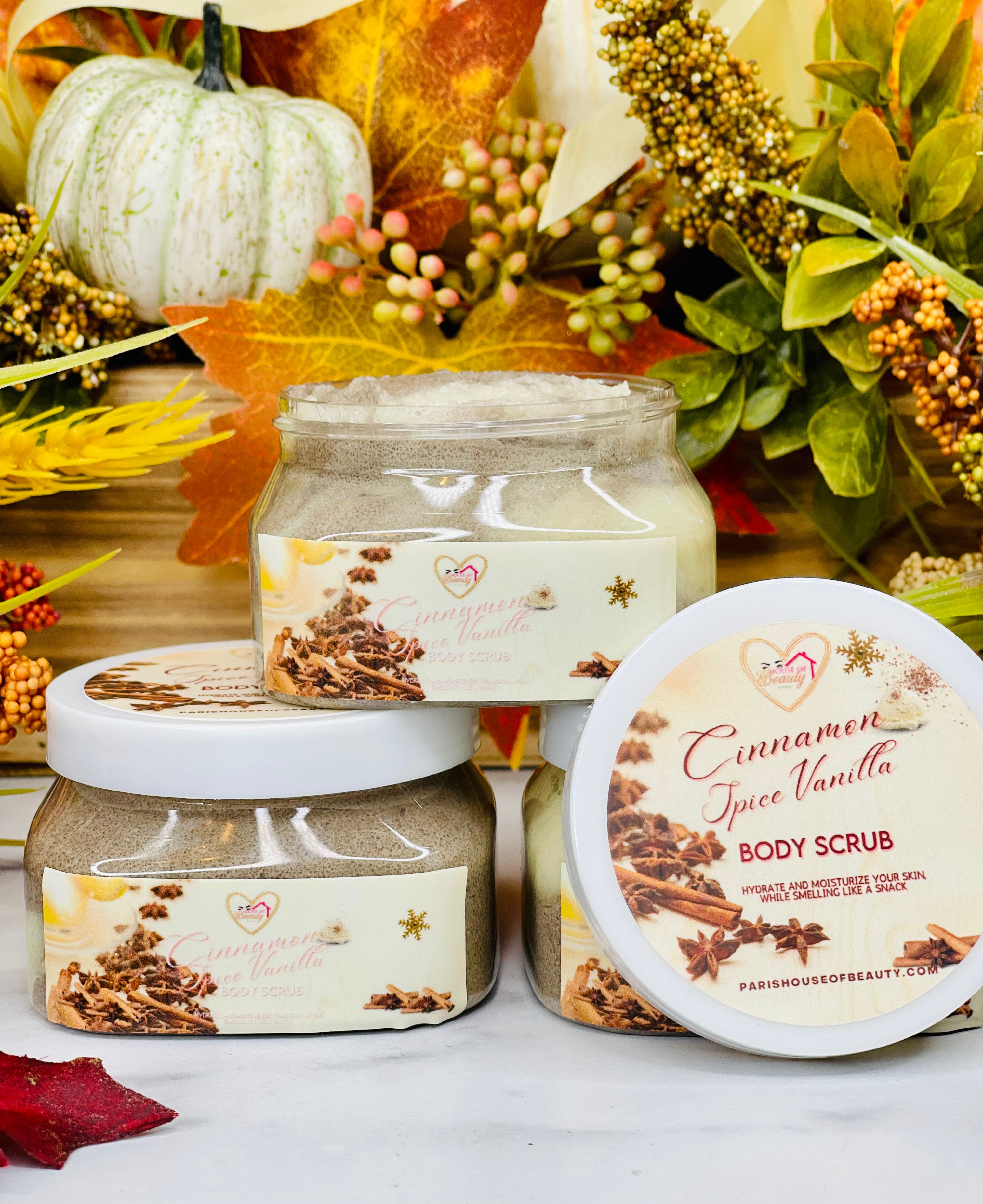 Paris House Of Beauty cinnamon spice vanilla body scrub with exfoliating texture and warm, inviting scent in a jar.