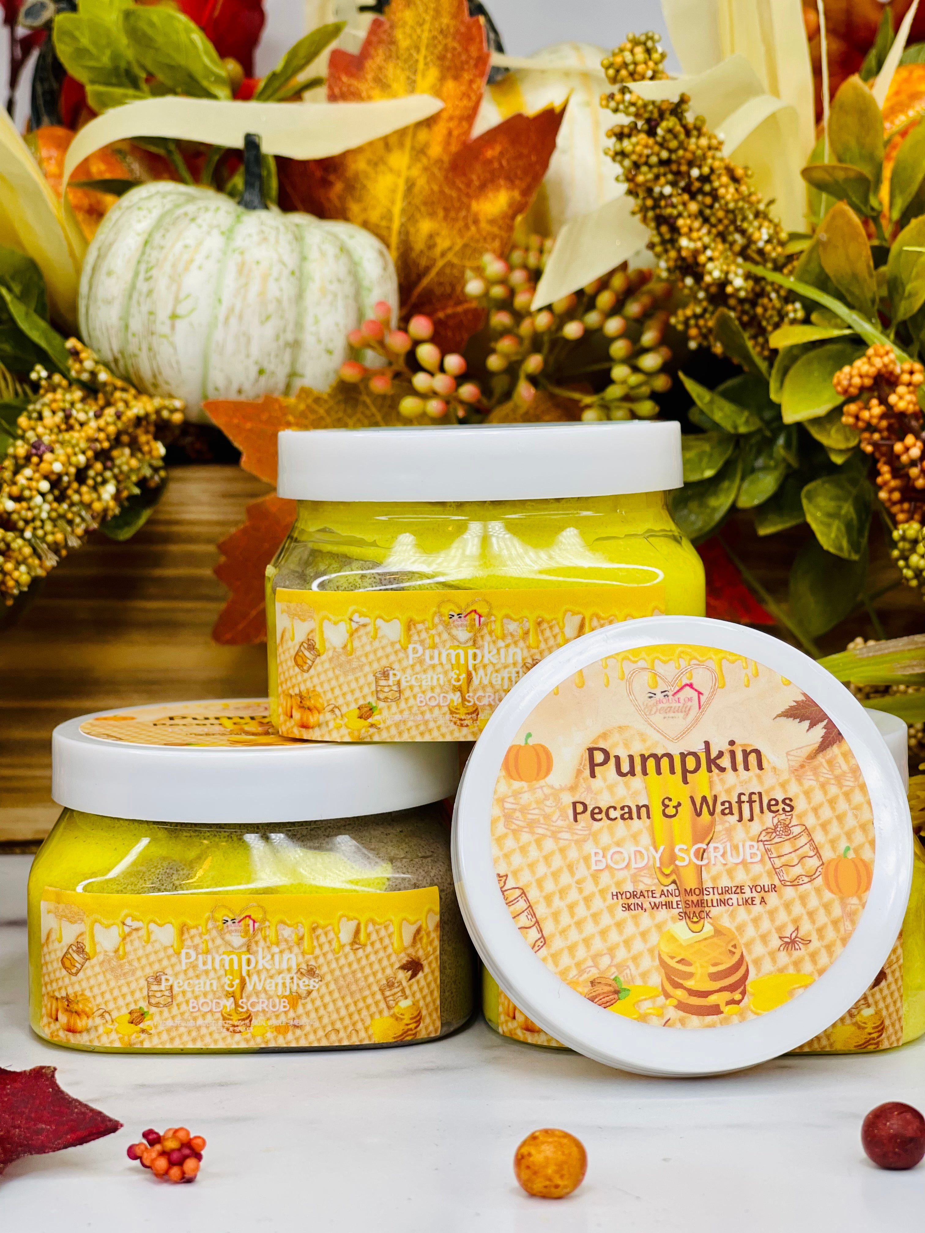 Pumpkin Pecan & Waffles Body Scrub by Paris House Of Beauty, showing a close-up of the textured scrub with pumpkin, pecans, and waffle ingredients.