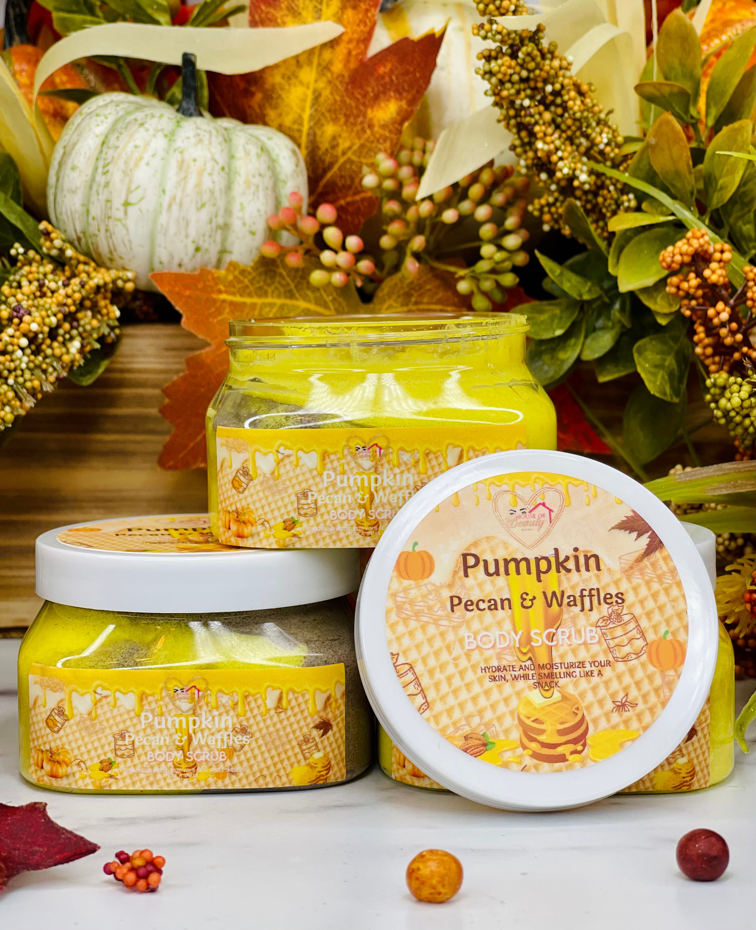 Pumpkin Pecan & Waffles Body Scrub by Paris House Of Beauty showing textured scrub with pumpkin, pecans, and waffle scent elements