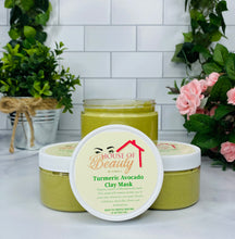 Load image into Gallery viewer, House Of Beauty by Paris J turmeric avocado clay mask for skin care, showing the creamy mask with turmeric and avocado ingredients.