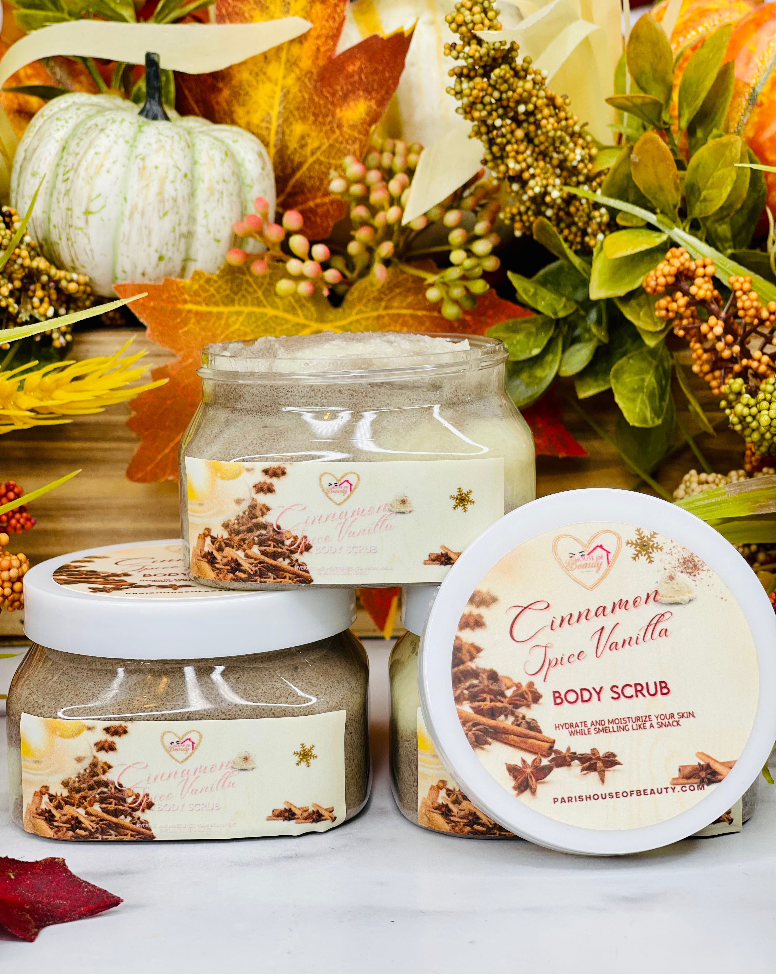 Creamy cinnamon spice vanilla body scrub from Paris House Of Beauty with textured exfoliating particles and a warm, inviting scent.