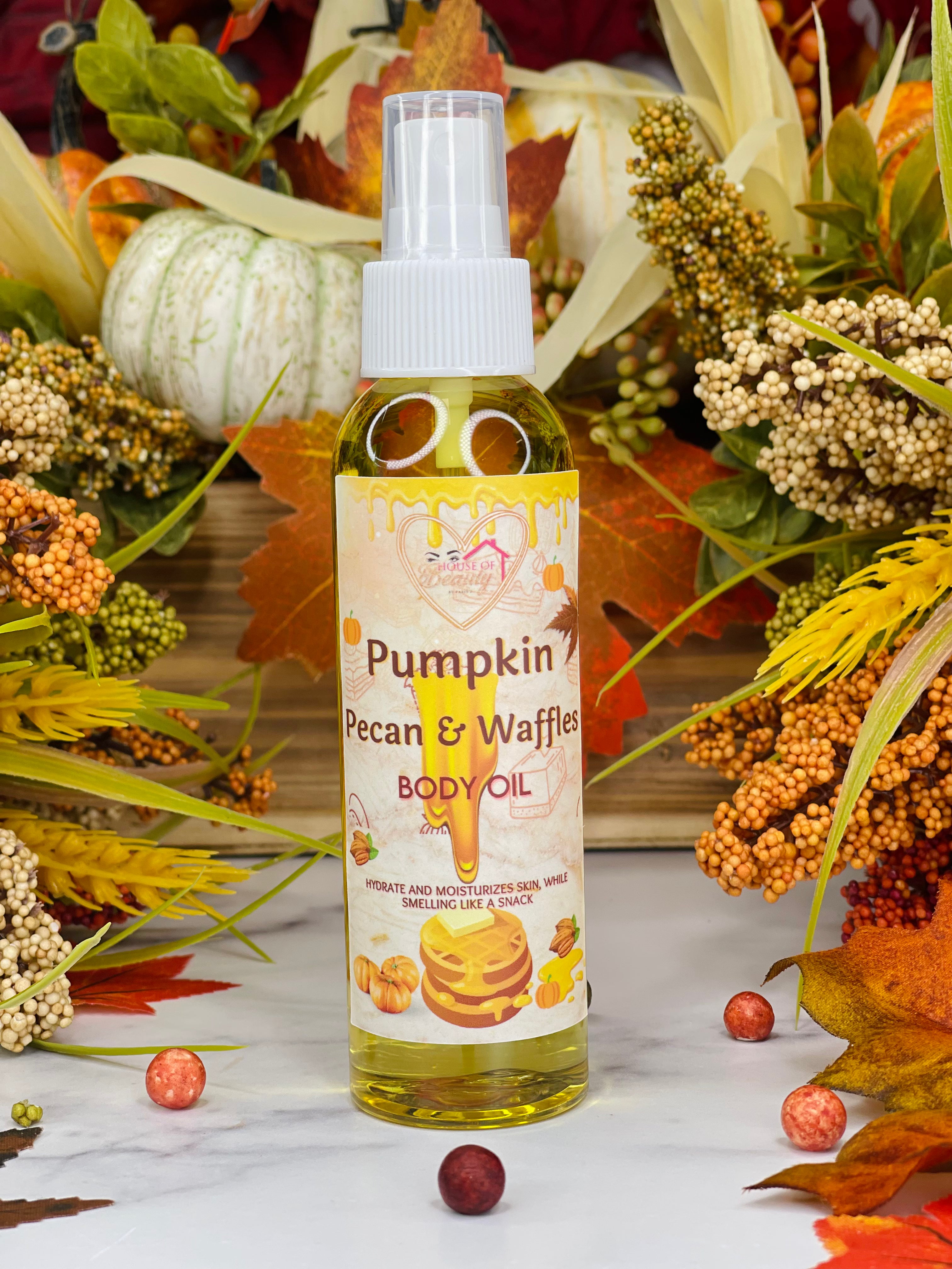 Pumpkin Pecan & Waffles Body Oil by Paris House Of Beauty, featuring a sleek bottle with warm, autumn-inspired scent notes.