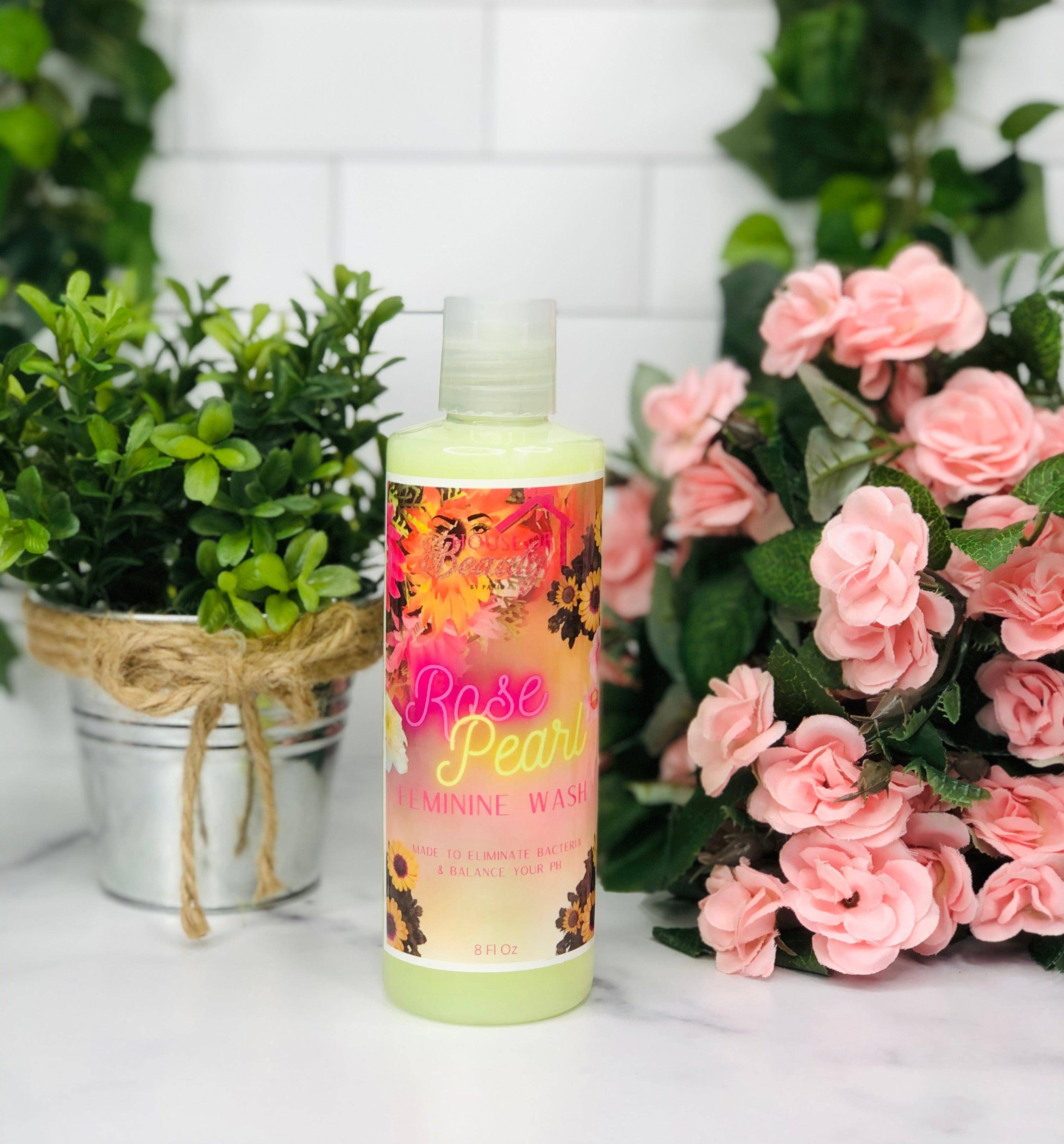 Gentle rose pearl feminine body wash by House of Beauty, featuring a soft pink liquid with floral scent and elegant packaging.