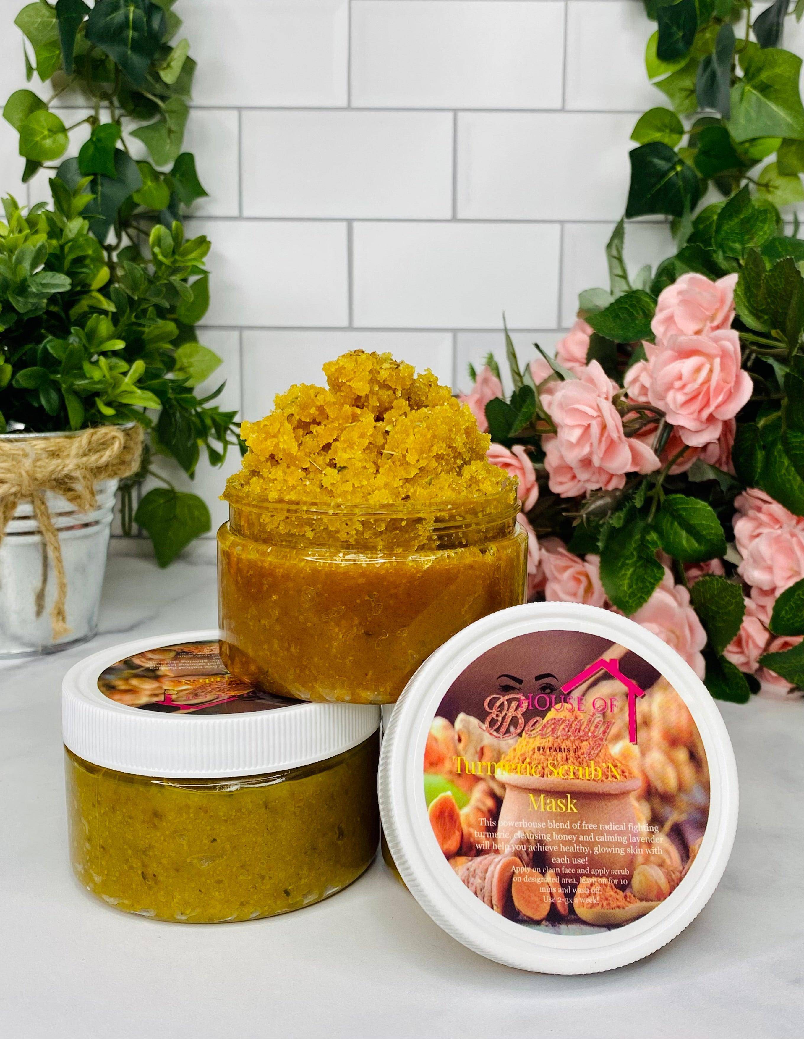 House Of Beauty by Paris J turmeric brightening scrub and mask, natural skincare product with turmeric for glowing skin.